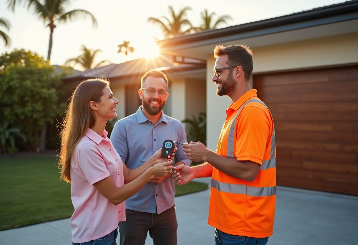Technician handing over a garage remote at sunset — Paradise Point