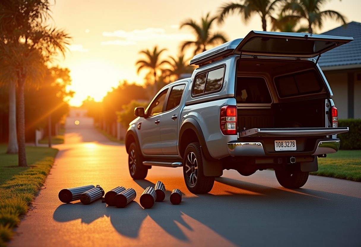 Technician ute with parts laid out at sunset — Paradise Point